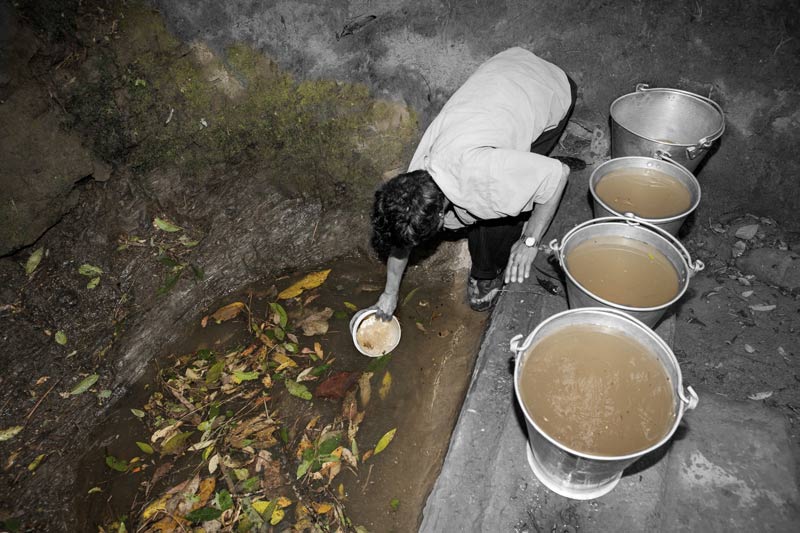 Human Right to Water in Nagaland - Procuring drinking water in the morning from a visibly unclean spring-fed drinking water source